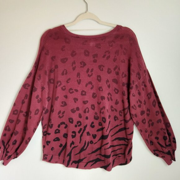 Democracy 1X Animal Print V-Neck Long Sleeve Sweater Burgundy 100% Cotton - Picture 7 of 10